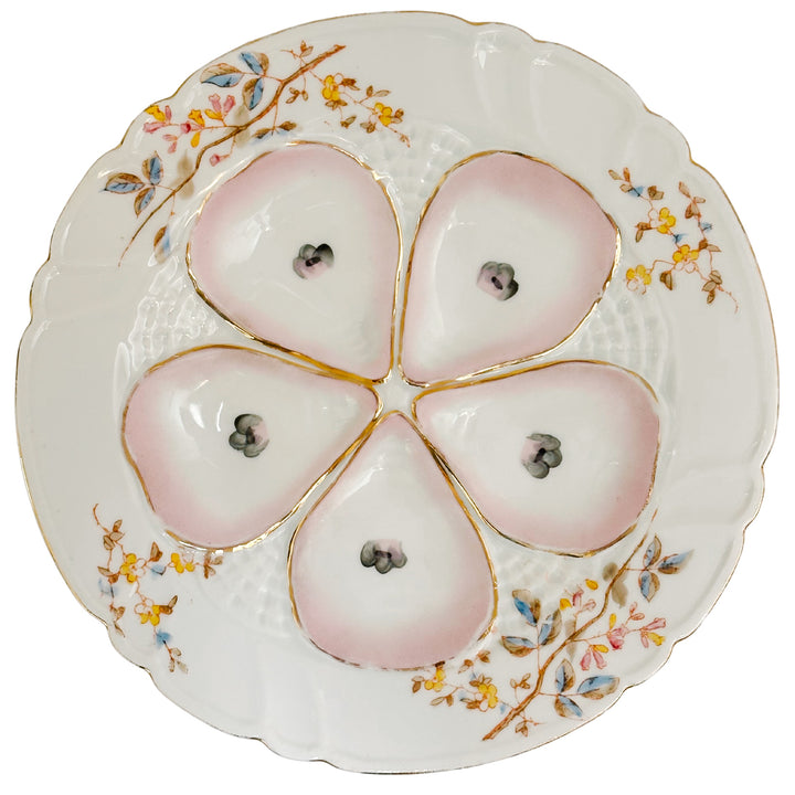 Antique German Porcelain Oyster Plate Hand-Painted Pink & Gold Floral