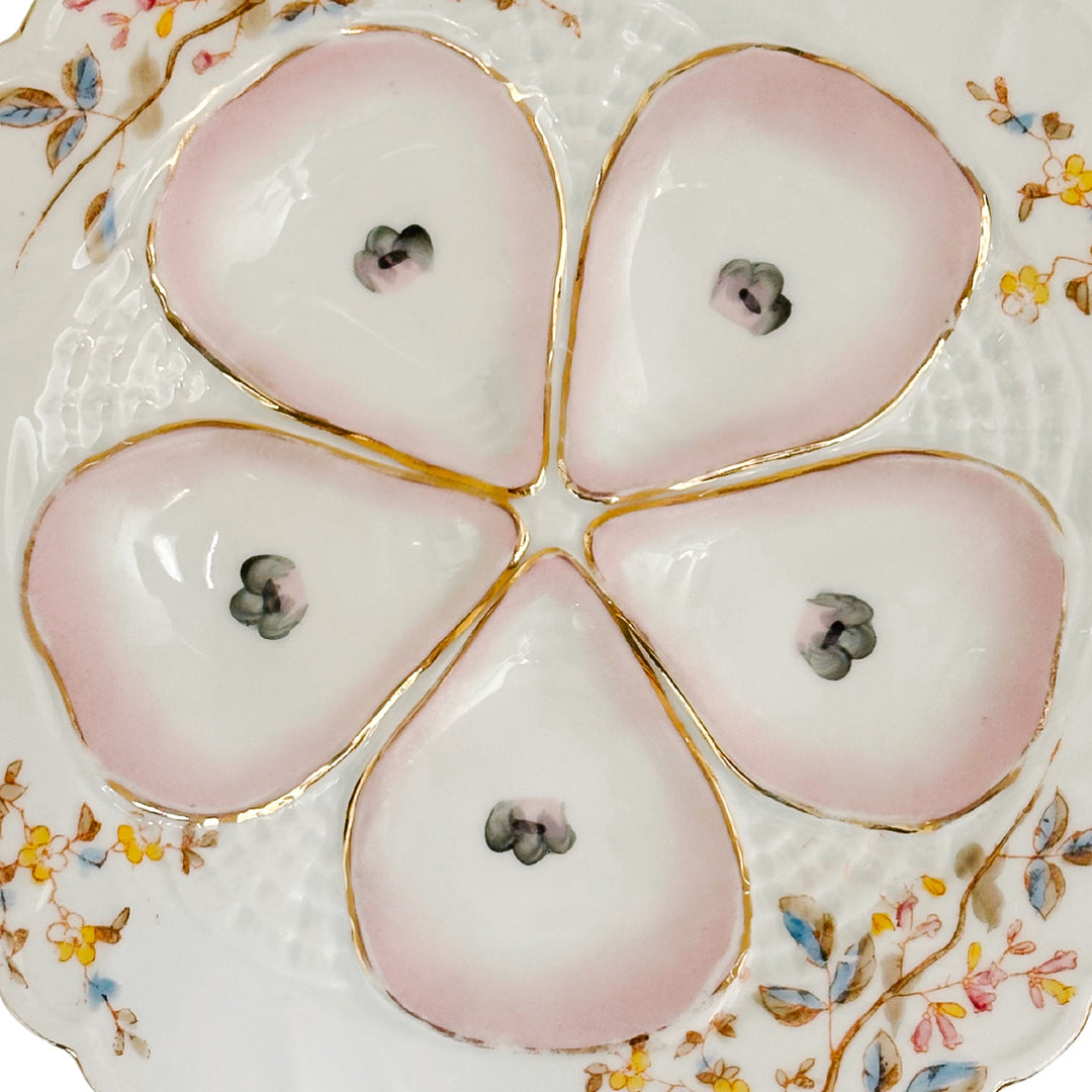 Antique German Porcelain Oyster Plate Hand-Painted Pink & Gold Floral