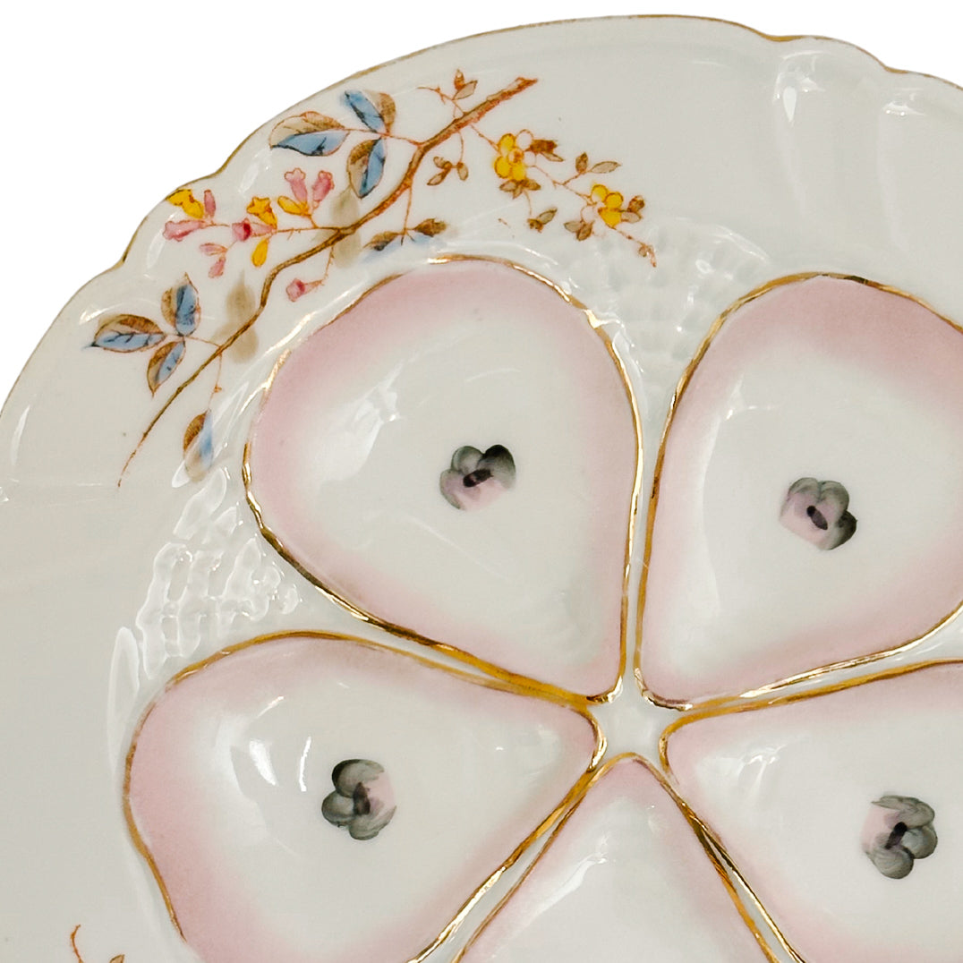 Antique German Porcelain Oyster Plate Hand-Painted Pink & Gold Floral