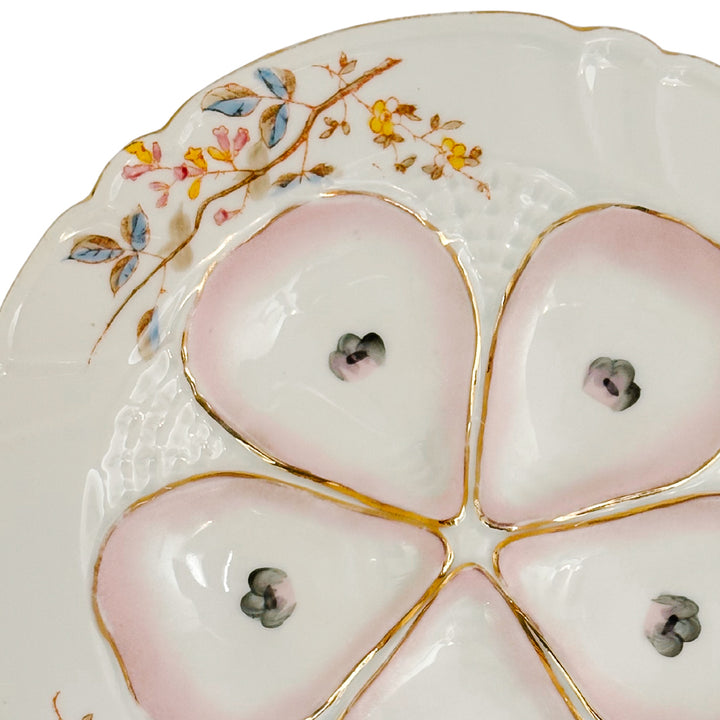 Antique German Porcelain Oyster Plate Hand-Painted Pink & Gold Floral