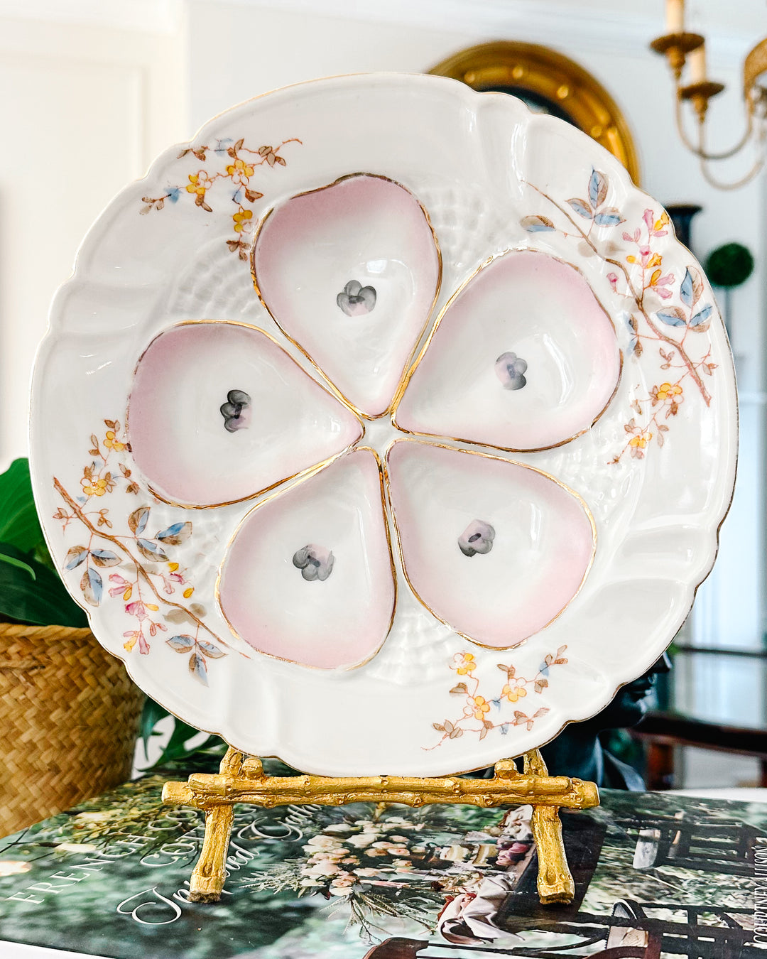 Antique German Porcelain Oyster Plate Hand-Painted Pink & Gold Floral