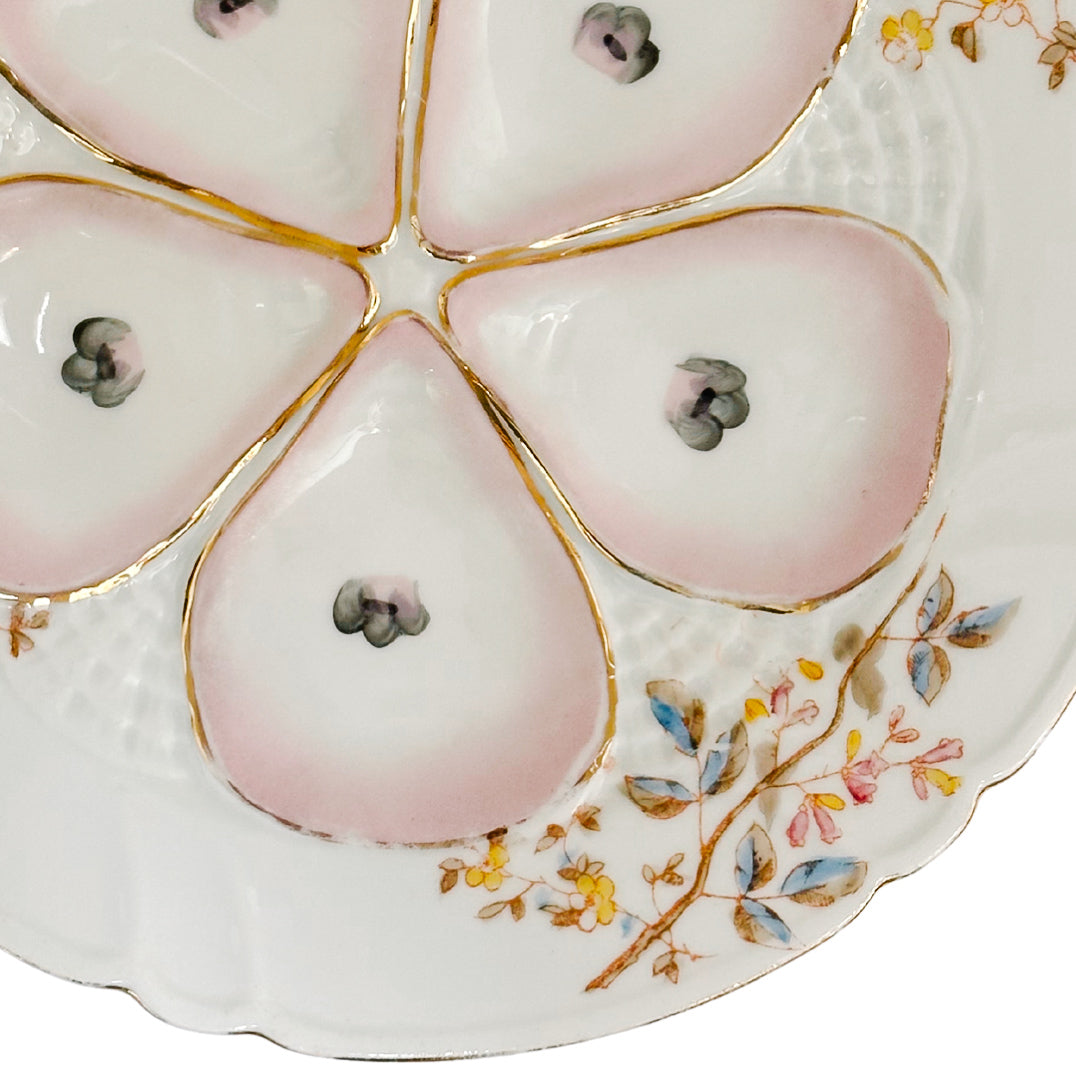Antique German Porcelain Oyster Plate Hand-Painted Pink & Gold Floral