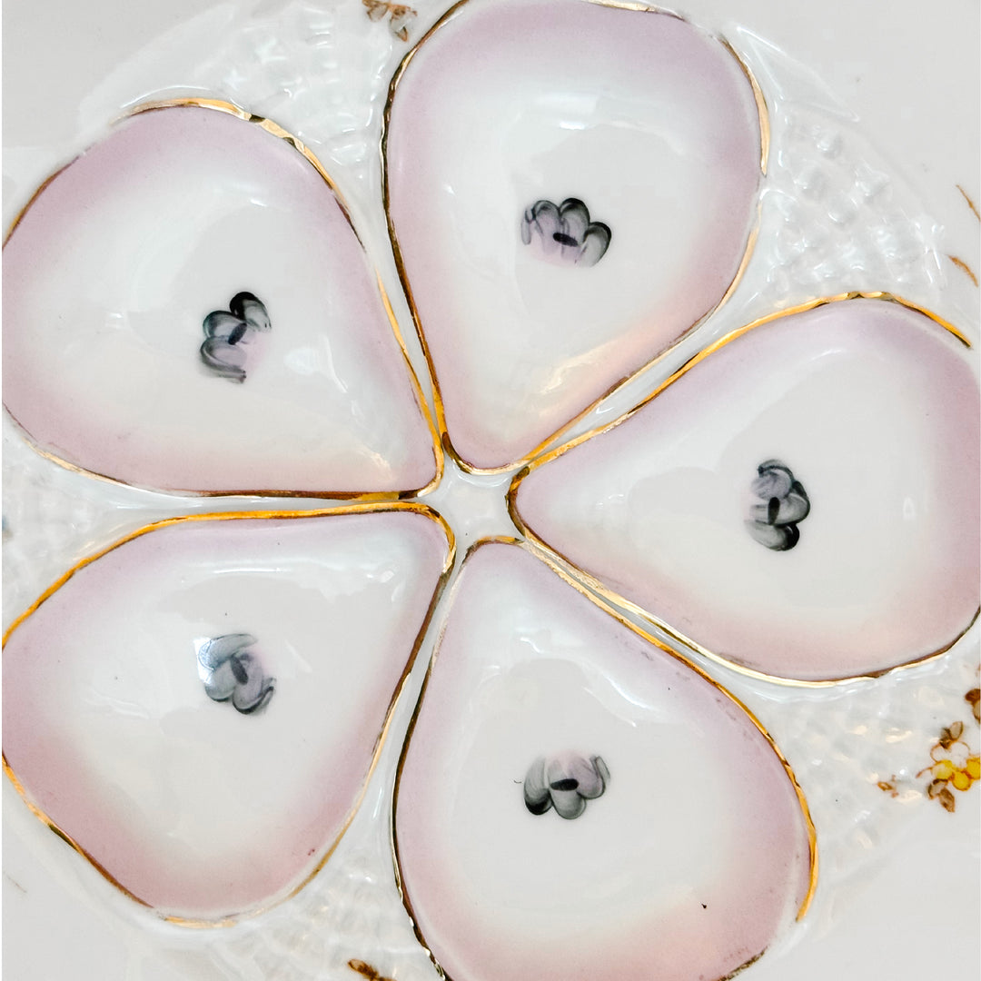 Antique German Porcelain Oyster Plate Hand-Painted Pink & Gold Floral