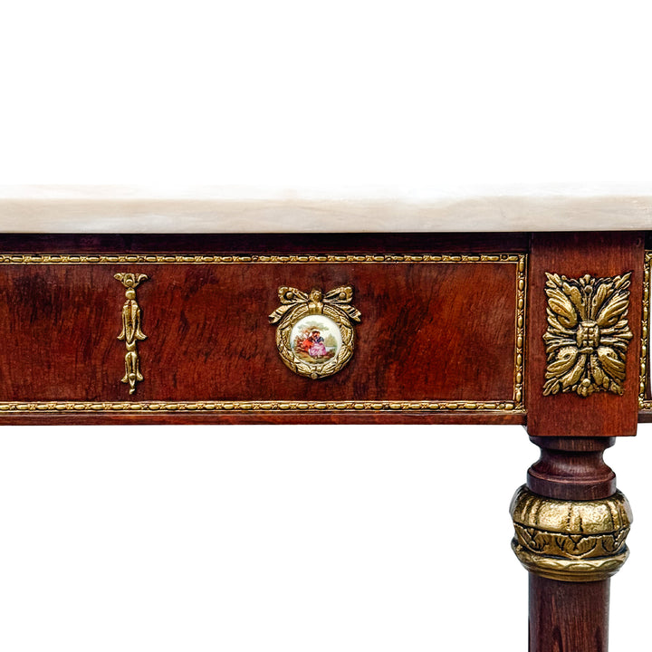 Louis XVI Revival Marble-Top Mahogany Console Table With Ormolu Mounts & Porcelain Medallions
