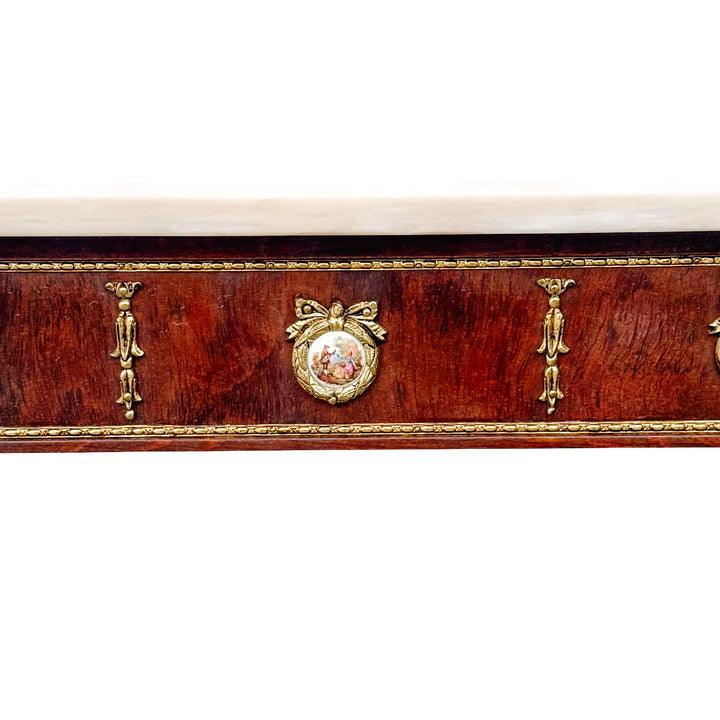 Louis XVI Revival Marble-Top Mahogany Console Table With Ormolu Mounts & Porcelain Medallions