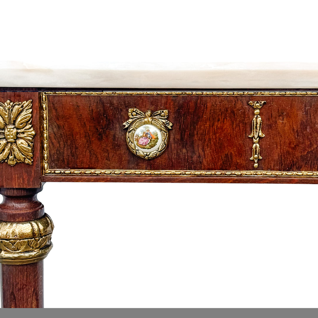 Louis XVI Revival Marble-Top Mahogany Console Table With Ormolu Mounts & Porcelain Medallions