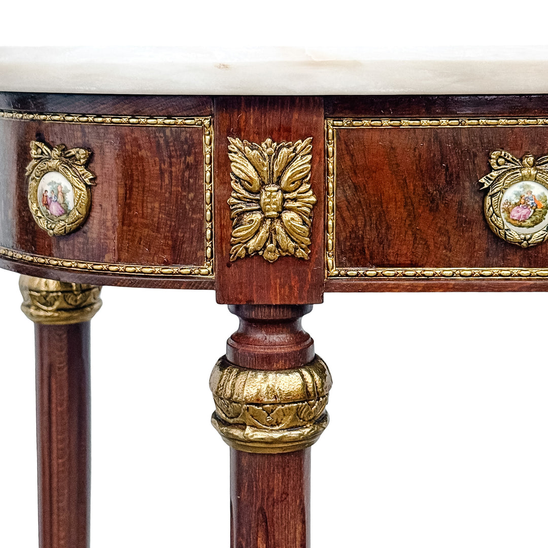 Louis XVI Revival Marble-Top Mahogany Console Table With Ormolu Mounts & Porcelain Medallions