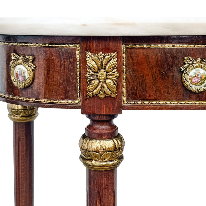 Louis XVI Revival Marble-Top Mahogany Console Table With Ormolu Mounts & Porcelain Medallions