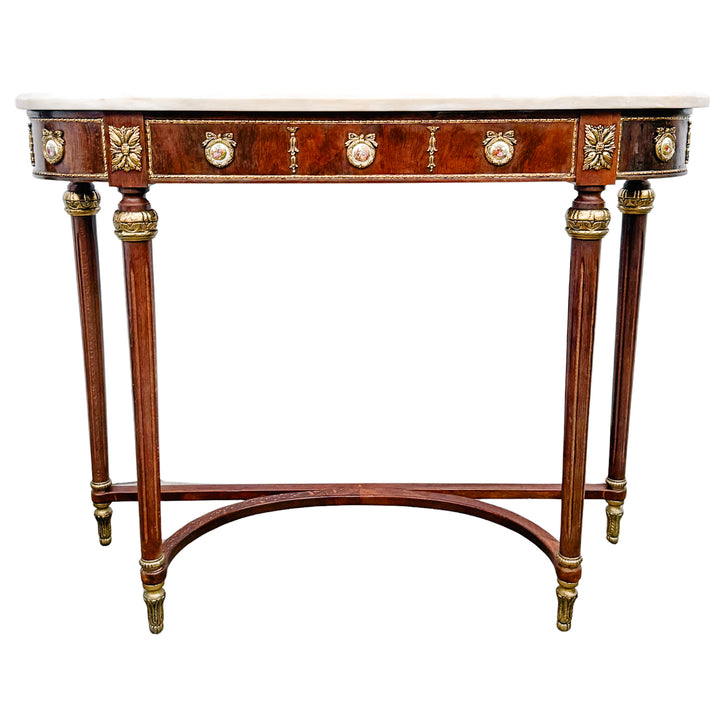 Louis XVI Revival Marble-Top Mahogany Console Table With Ormolu Mounts & Porcelain Medallions