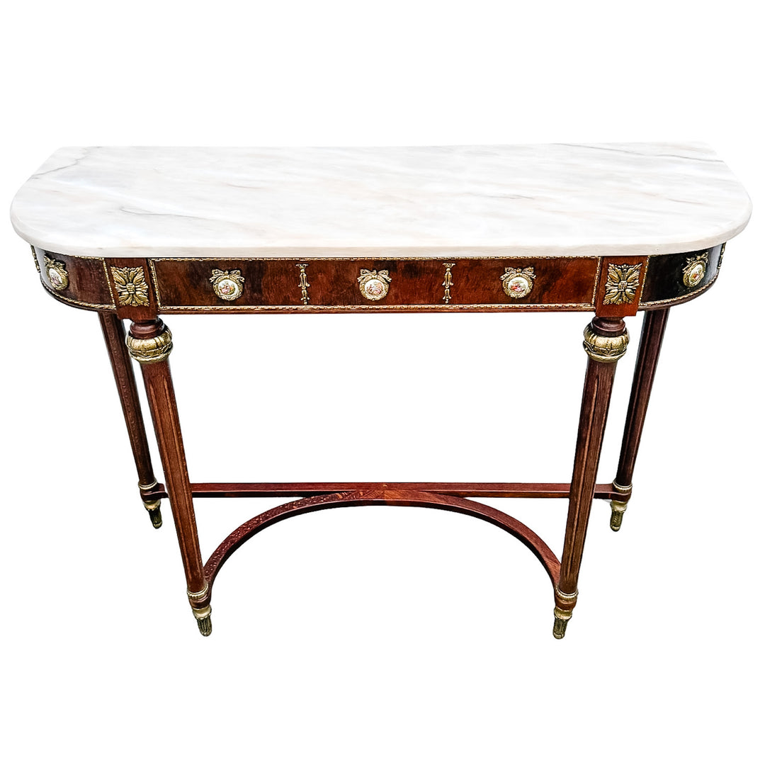 Louis XVI Revival Marble-Top Mahogany Console Table With Ormolu Mounts & Porcelain Medallions