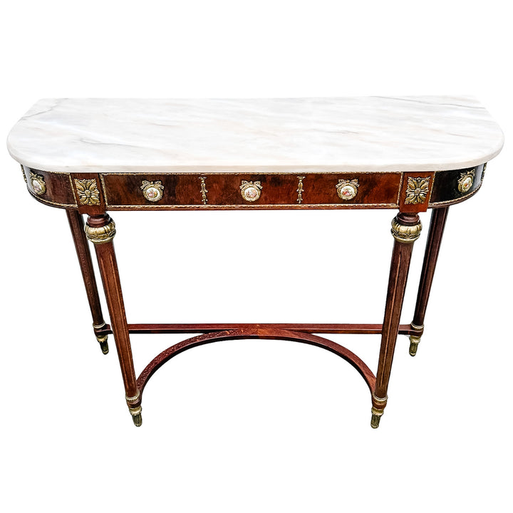 Louis XVI Revival Marble-Top Mahogany Console Table With Ormolu Mounts & Porcelain Medallions