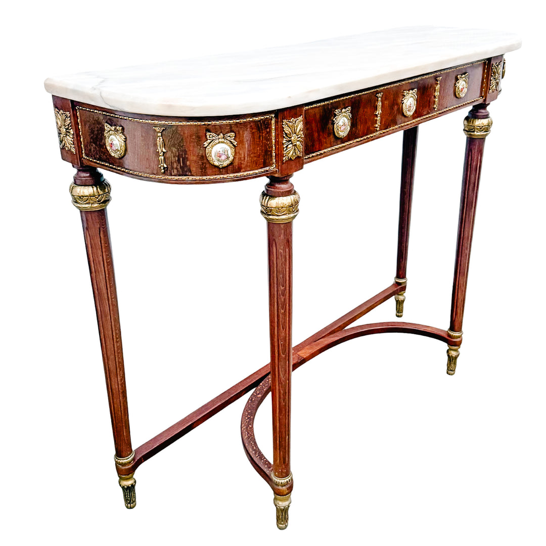Louis XVI Revival Marble-Top Mahogany Console Table With Ormolu Mounts & Porcelain Medallions