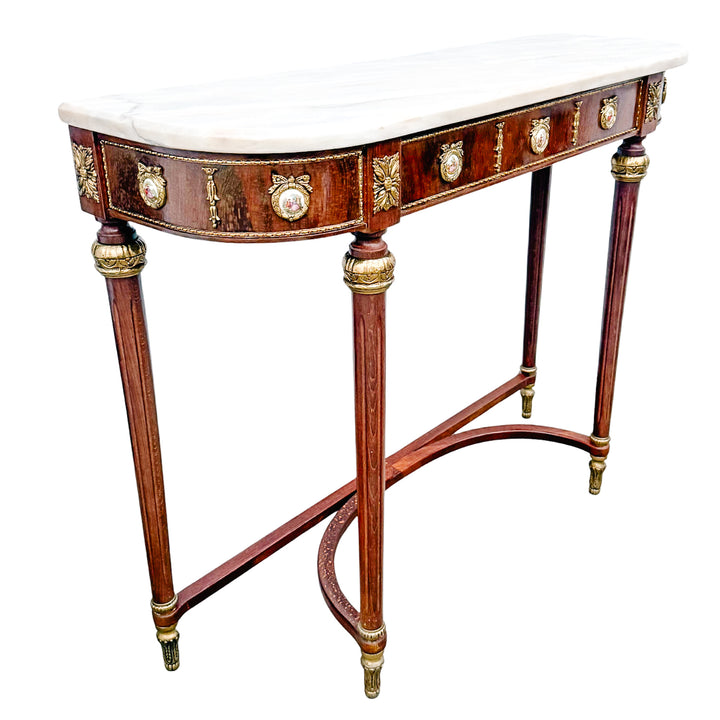 Louis XVI Revival Marble-Top Mahogany Console Table With Ormolu Mounts & Porcelain Medallions