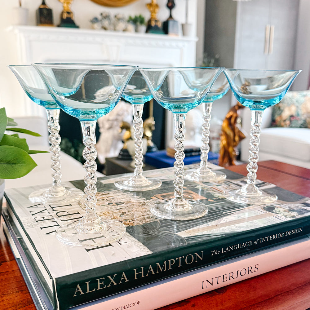 MCM Twisted Stem  Aqua Blue Martini Glasses Set