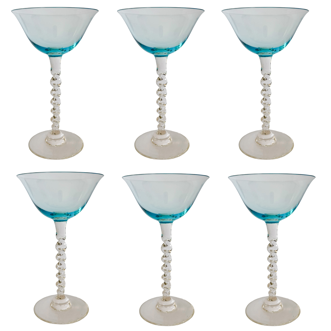 MCM Twisted Stem  Aqua Blue Martini Glasses Set