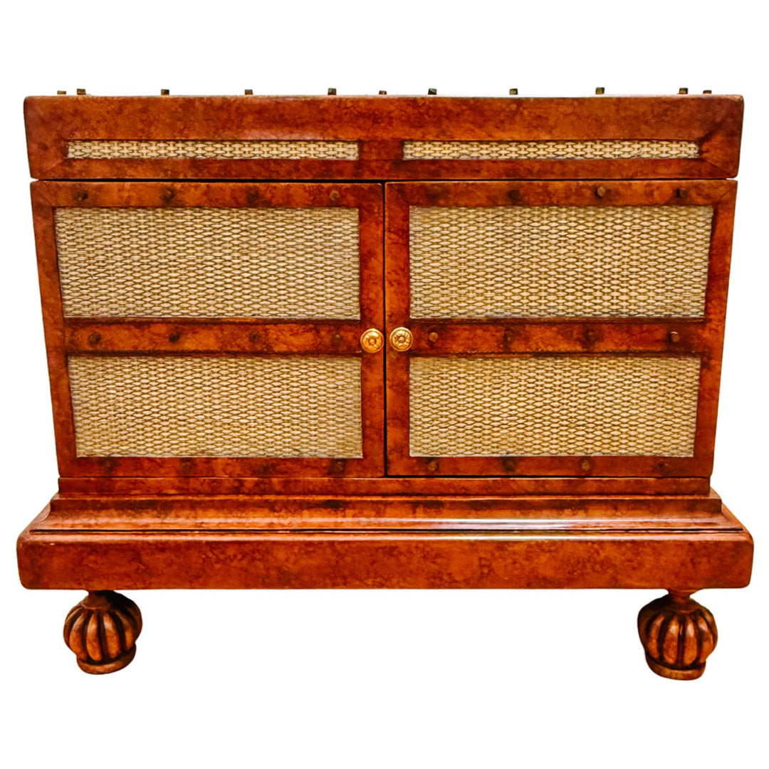 Maitland-Smith British Colonial Style Woven Rattan & Leather Coffee Table Chest