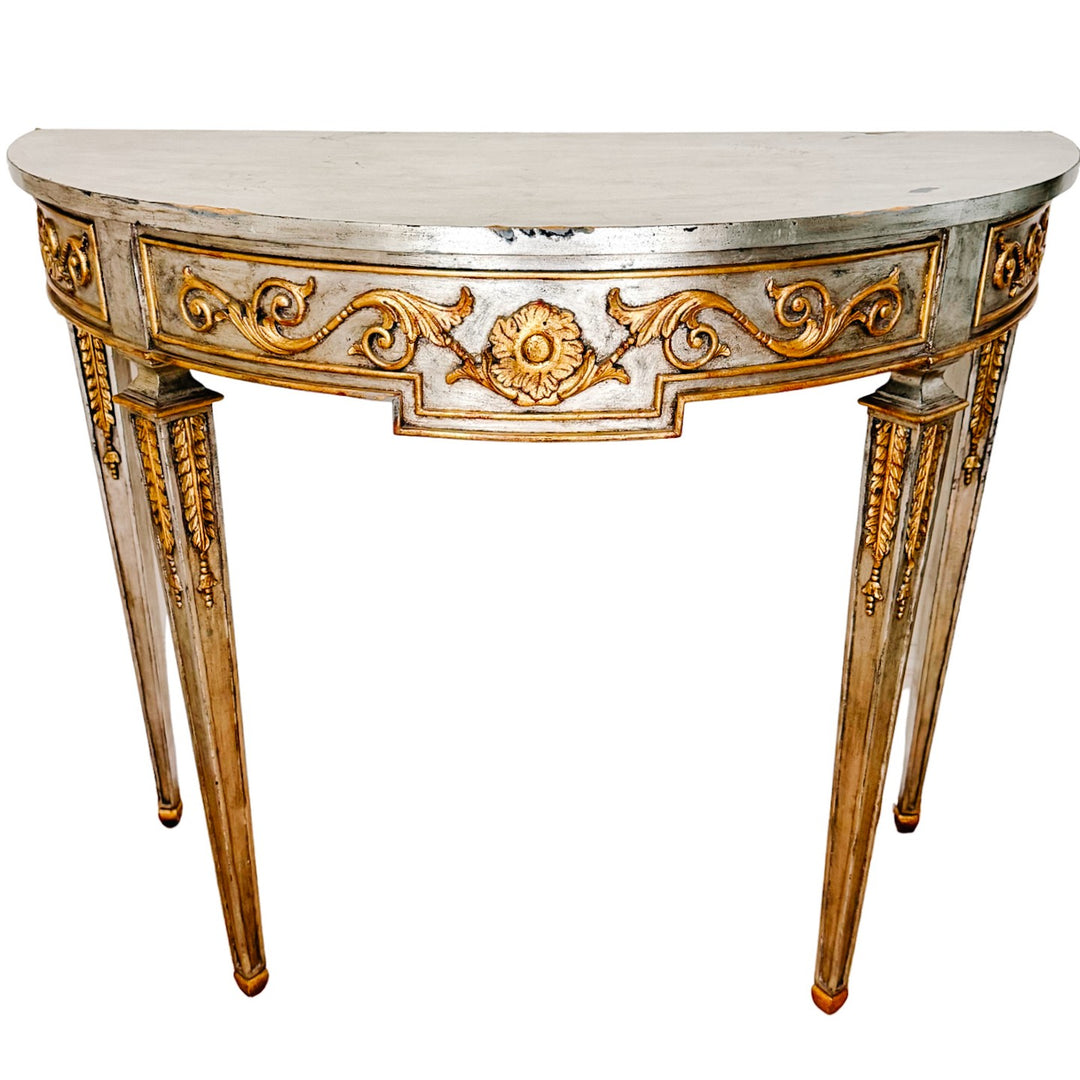 Maitland-Smith Silver Leaf & Gilt Neoclassical Demilune Console Table