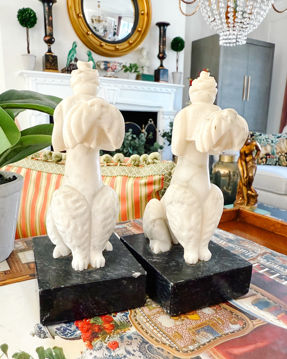 Mid-Century Alabaster Poodle Bookends Made in Italy for Bullock's