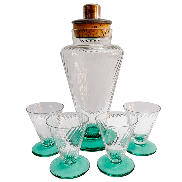 Mid-Century Art Deco Glass Cocktail / Martini Shaker Set With Teal Base