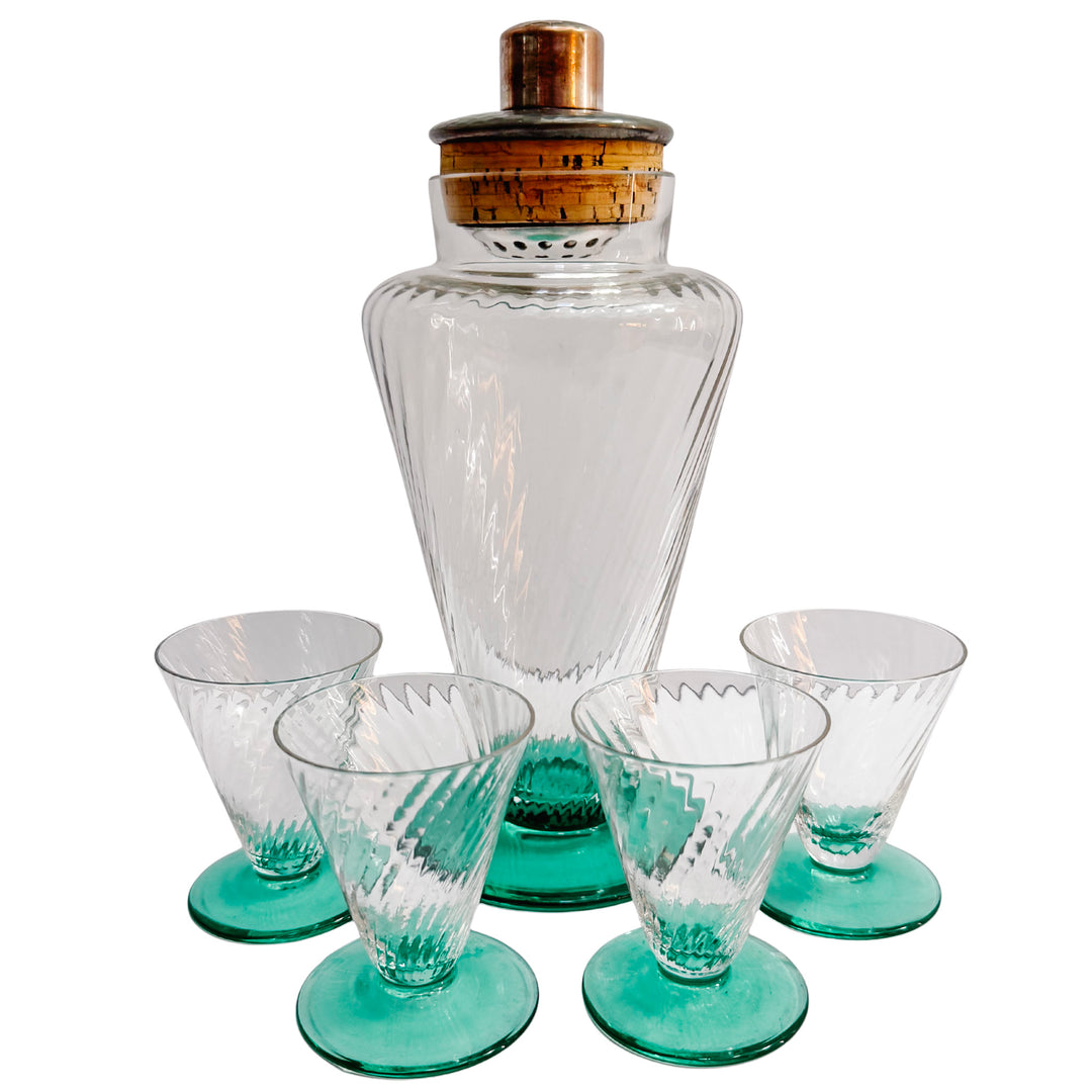 Mid-Century Art Deco Glass Cocktail / Martini Shaker Set With Teal Base