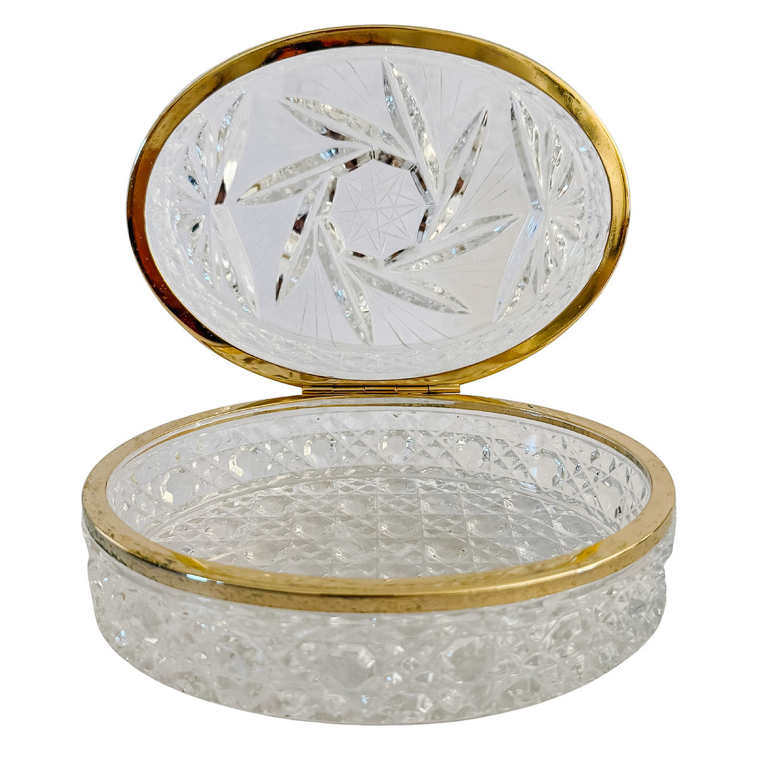 Mid-Century French Cut Crystal Hinged Casket Box With Brass Hardware