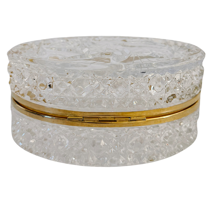Mid-Century French Cut Crystal Hinged Casket Box With Brass Hardware