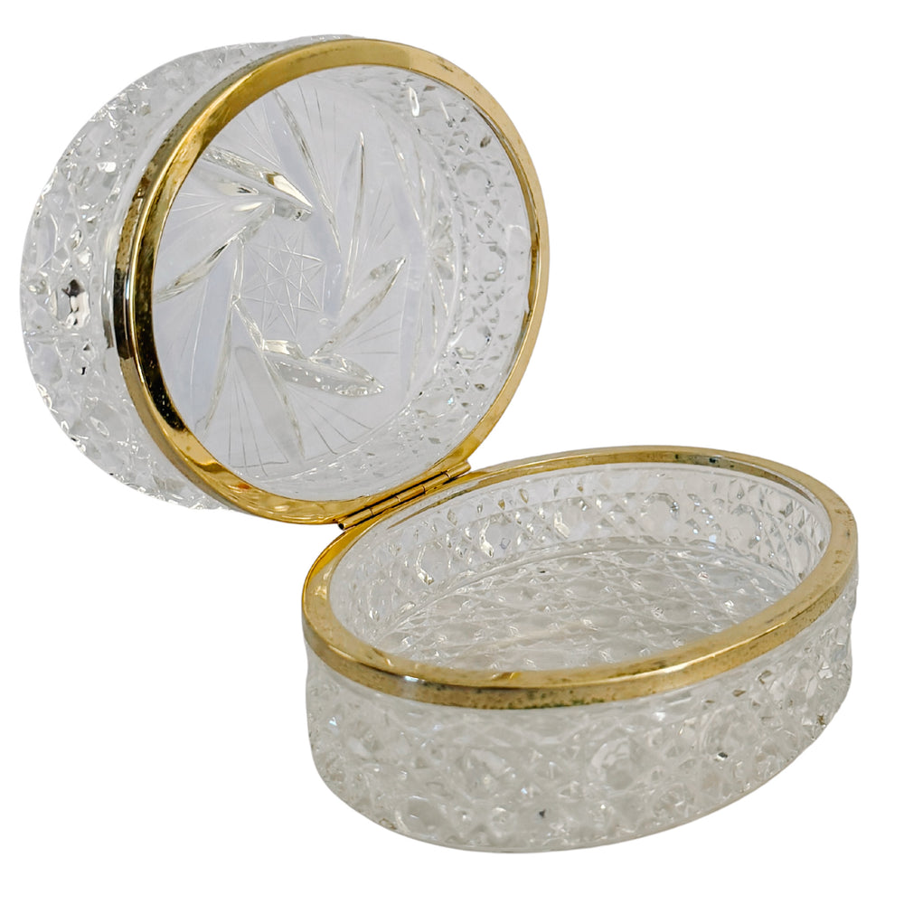 Mid-Century French Cut Crystal Hinged Casket Box With Brass Hardware