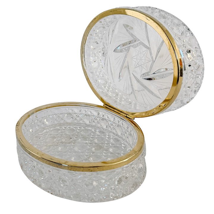 Mid-Century French Cut Crystal Hinged Casket Box With Brass Hardware