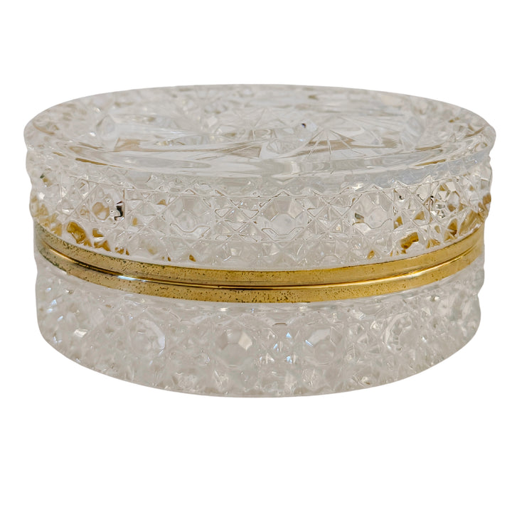 Mid-Century French Cut Crystal Hinged Casket Box With Brass Hardware