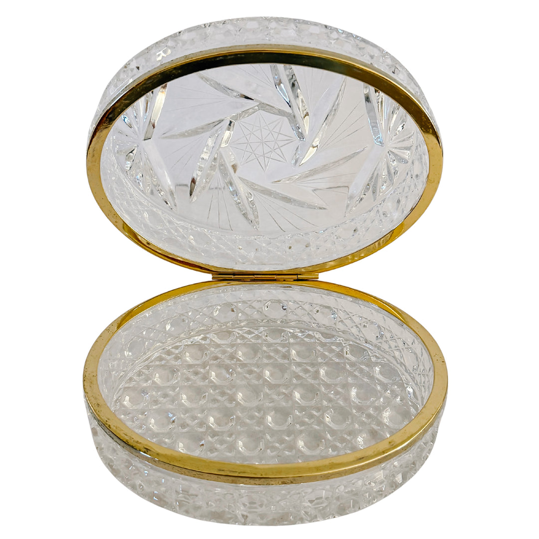 Mid-Century French Cut Crystal Hinged Casket Box With Brass Hardware