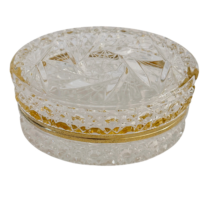 Mid-Century French Cut Crystal Hinged Casket Box With Brass Hardware