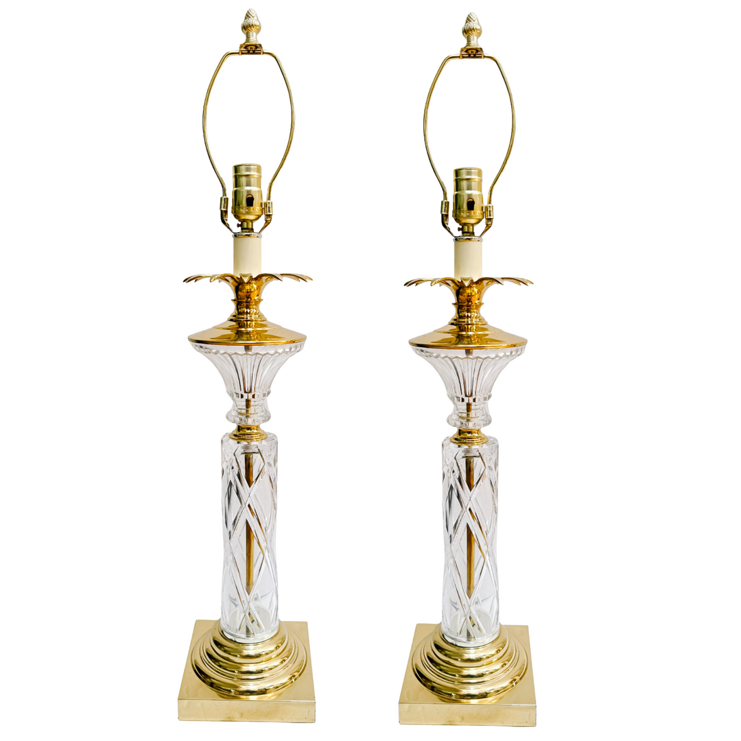 Mid-Century Hollywood Regency Brass and Cut Crystal Pineapple Table Lamps
