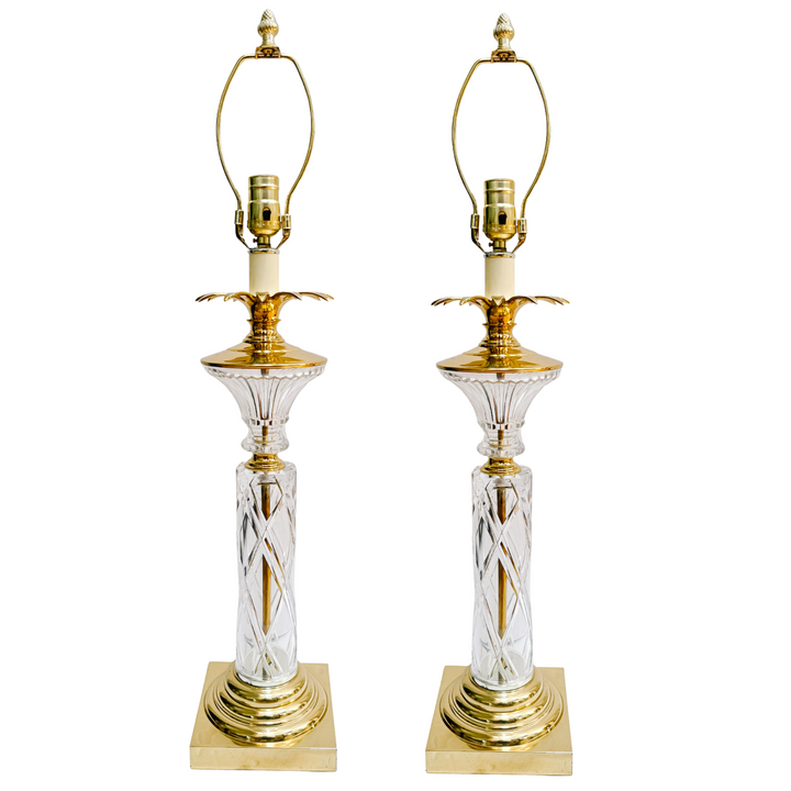 Mid-Century Hollywood Regency Brass and Cut Crystal Pineapple Table Lamps