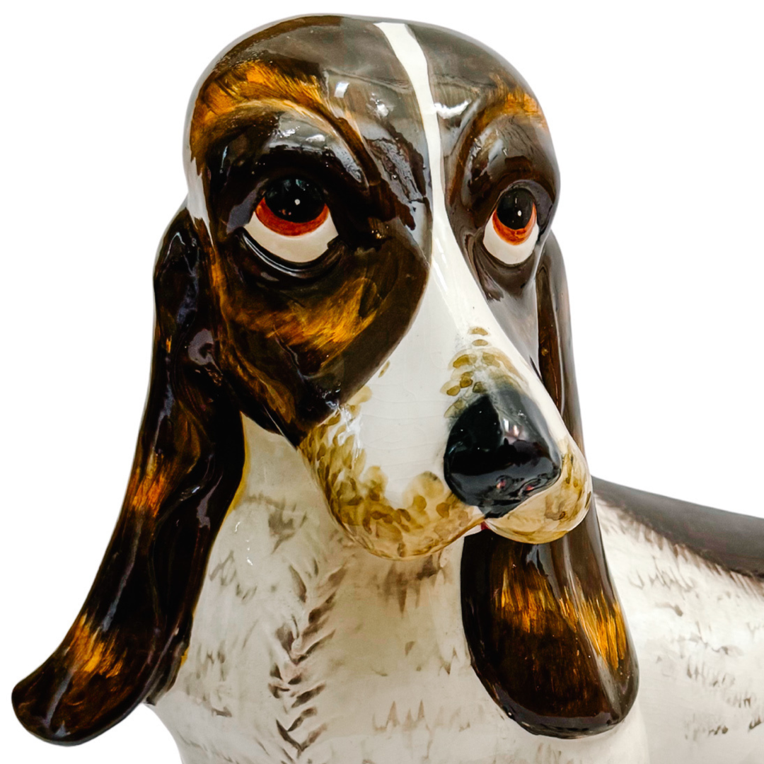 Italian Hand-Glazed Majolica Reclining Basset Hound Statue
