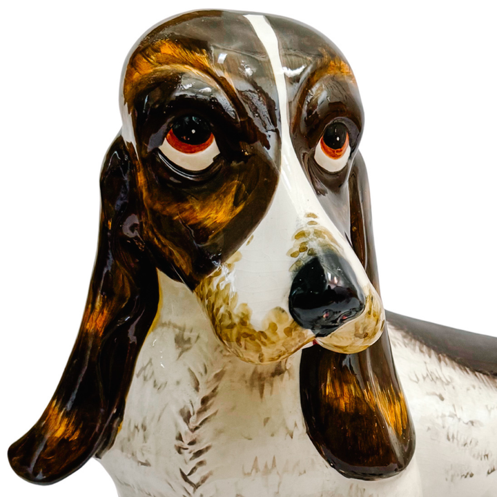 Italian Hand-Glazed Majolica Reclining Basset Hound Statue