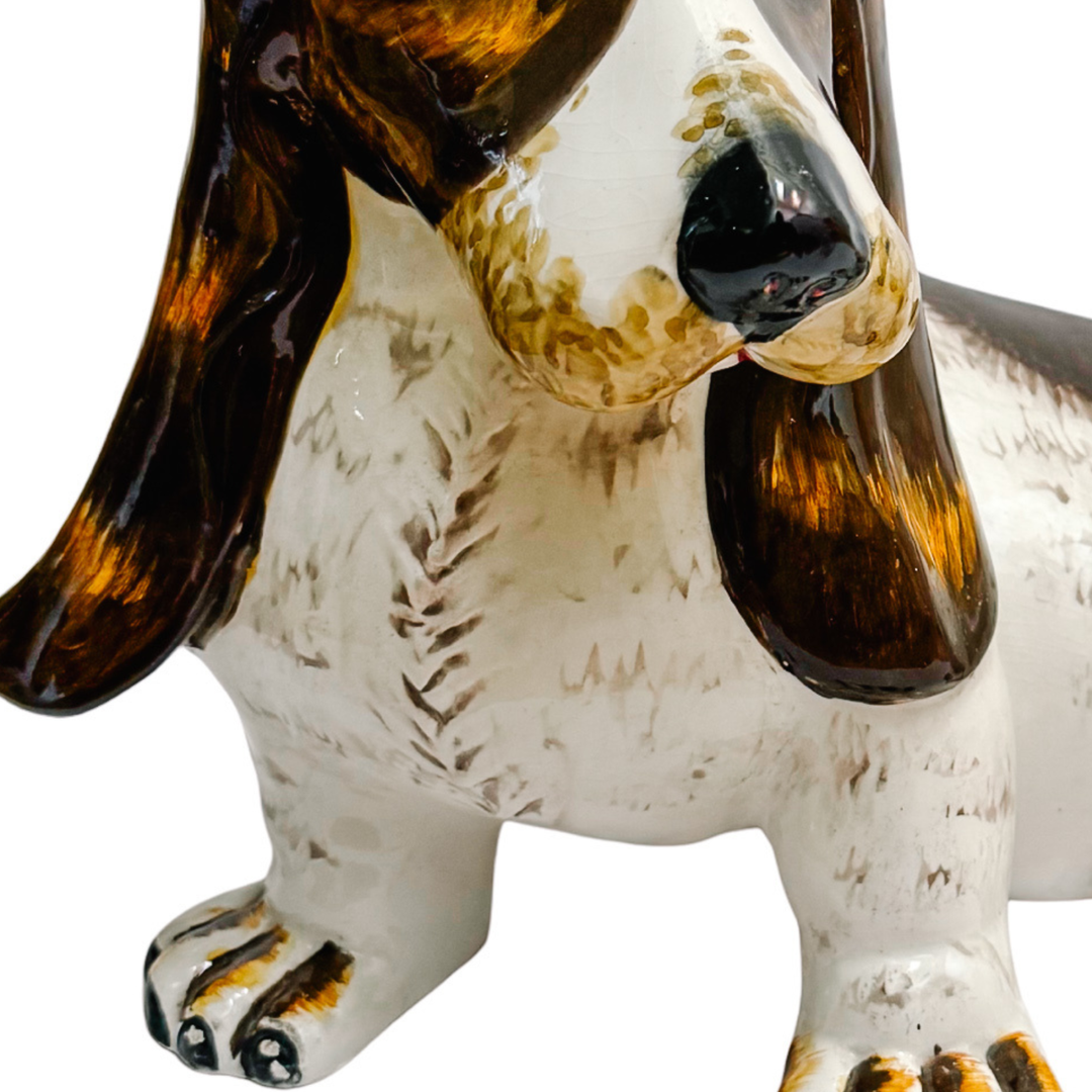 Italian Hand-Glazed Majolica Reclining Basset Hound Statue