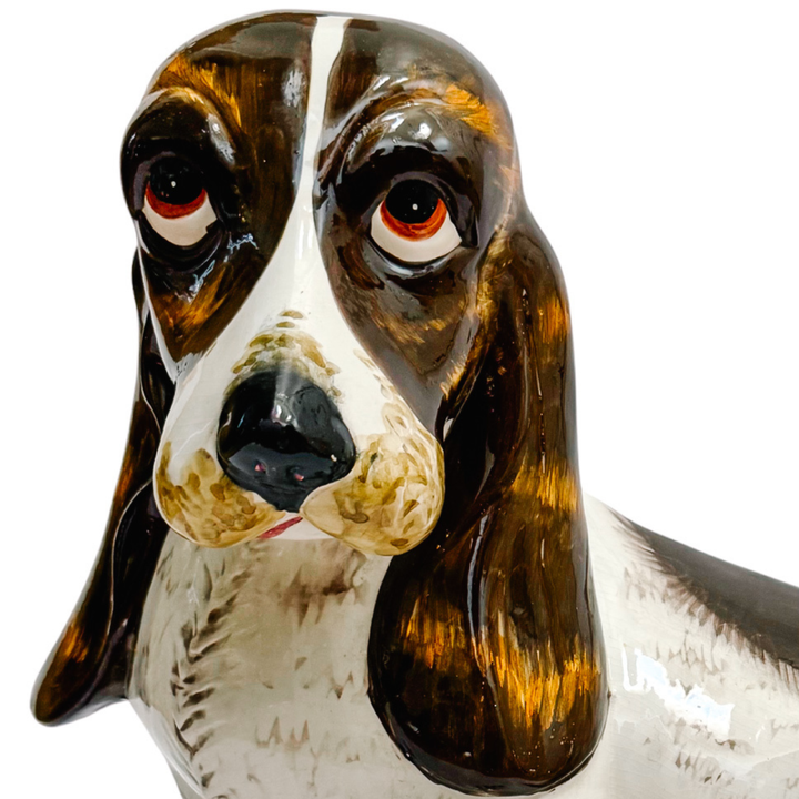 Italian Hand-Glazed Majolica Reclining Basset Hound Statue