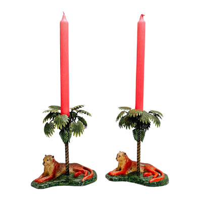 Vintage Palm Regency Tole Leopard & Palm Tree Candleholders