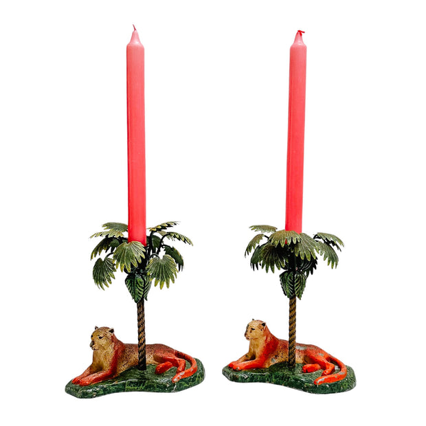 Vintage Palm Regency Tole Leopard & Palm Tree Candleholders