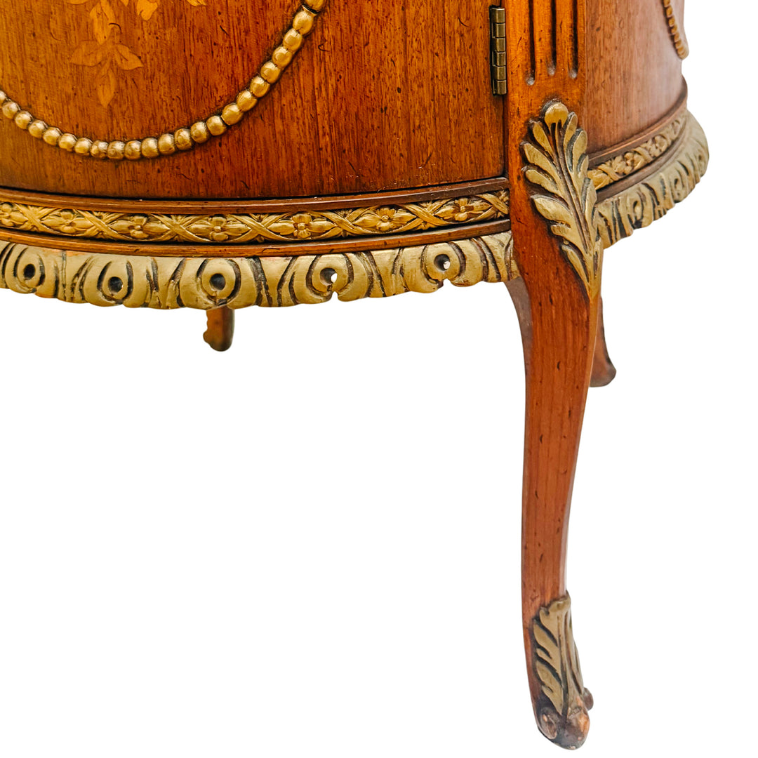 Mid-Century Louis XVI Style Round Gueridon Commode Tables With Carrara Marble & Floral Marquetry