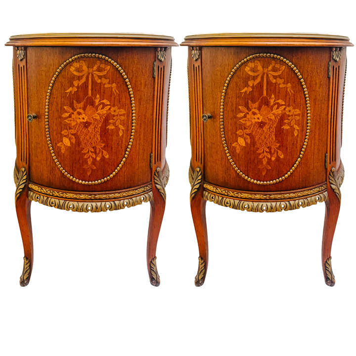 Mid-Century Louis XVI Style Round Gueridon Commode Tables With Carrara Marble & Floral Marquetry