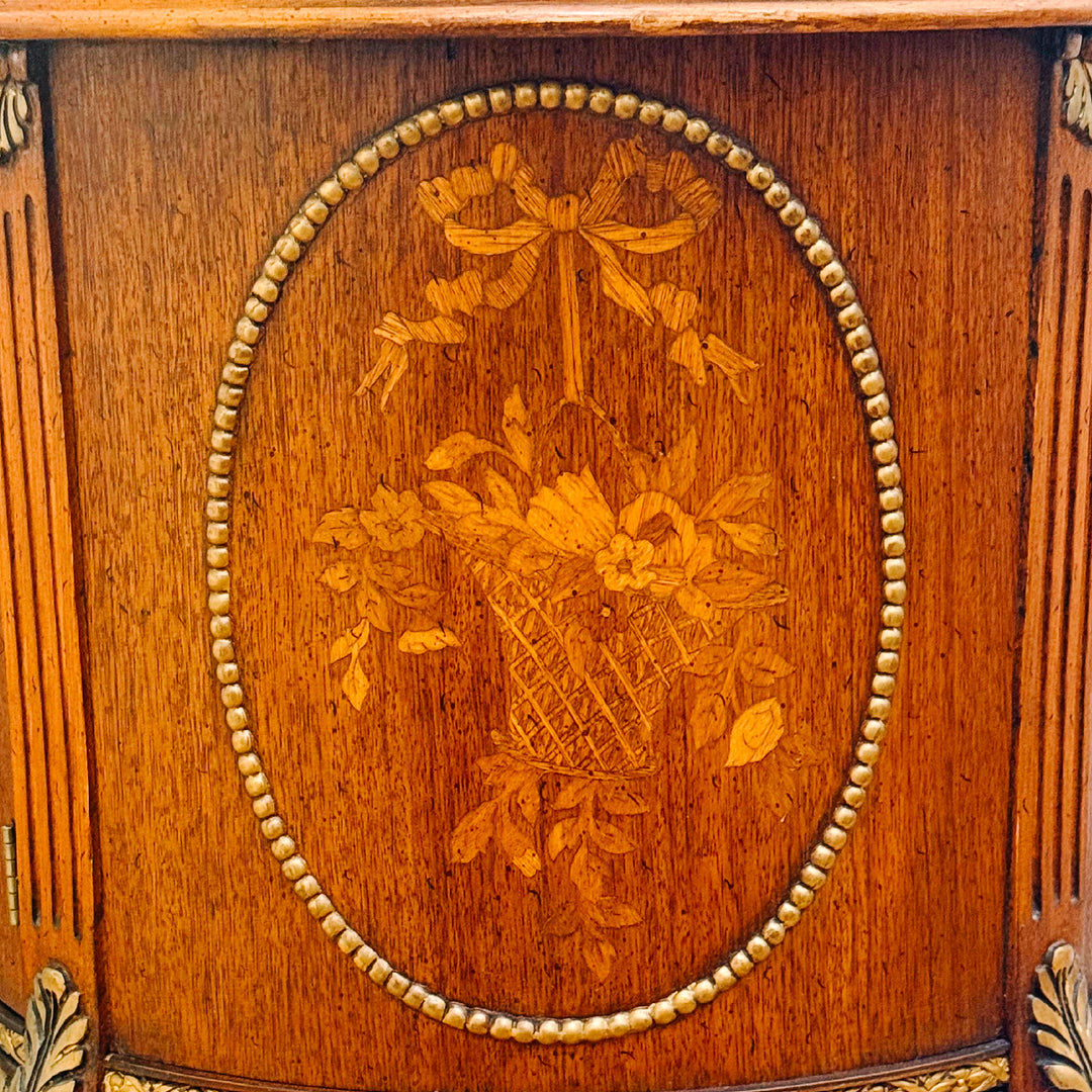 Mid-Century Louis XVI Style Round Gueridon Commode Tables With Carrara Marble & Floral Marquetry