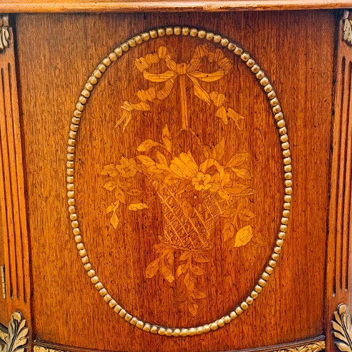 Mid-Century Louis XVI Style Round Gueridon Commode Tables With Carrara Marble & Floral Marquetry