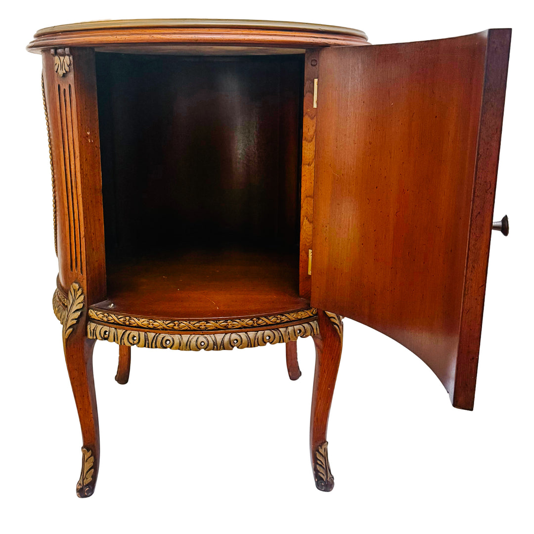 Mid-Century Louis XVI Style Round Gueridon Commode Tables With Carrara Marble & Floral Marquetry