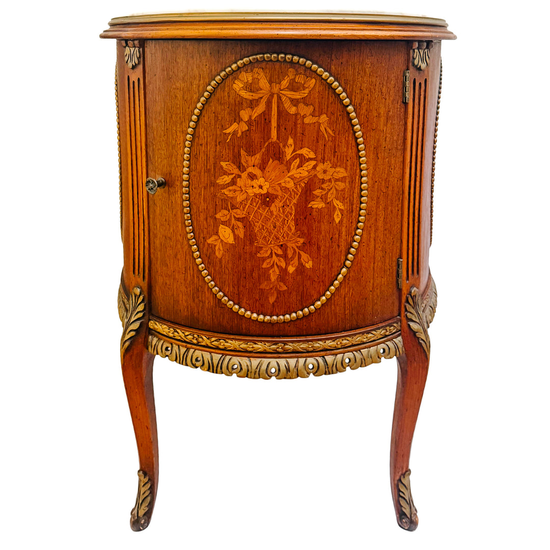 Mid-Century Louis XVI Style Round Gueridon Commode Tables With Carrara Marble & Floral Marquetry