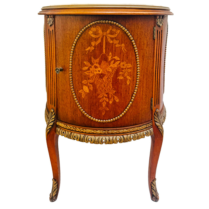 Mid-Century Louis XVI Style Round Gueridon Commode Tables With Carrara Marble & Floral Marquetry
