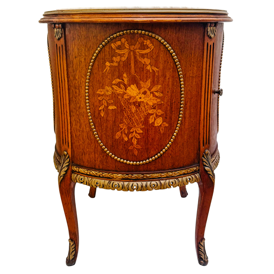 Mid-Century Louis XVI Style Round Gueridon Commode Tables With Carrara Marble & Floral Marquetry