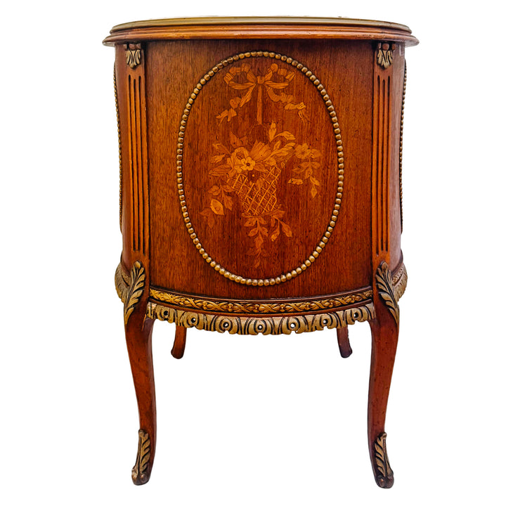 Mid-Century Louis XVI Style Round Gueridon Commode Tables With Carrara Marble & Floral Marquetry