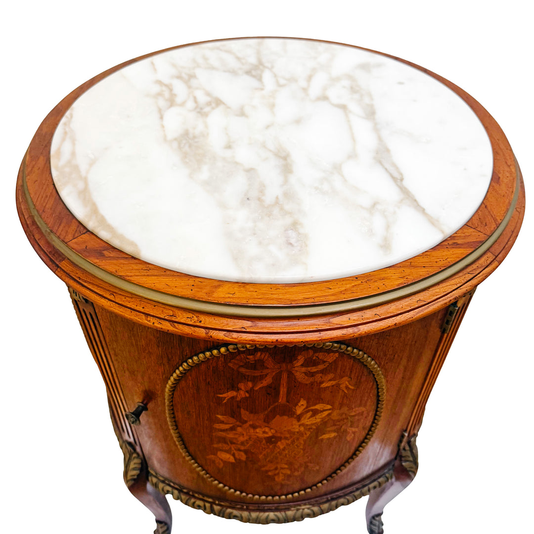 Mid-Century Louis XVI Style Round Gueridon Commode Tables With Carrara Marble & Floral Marquetry