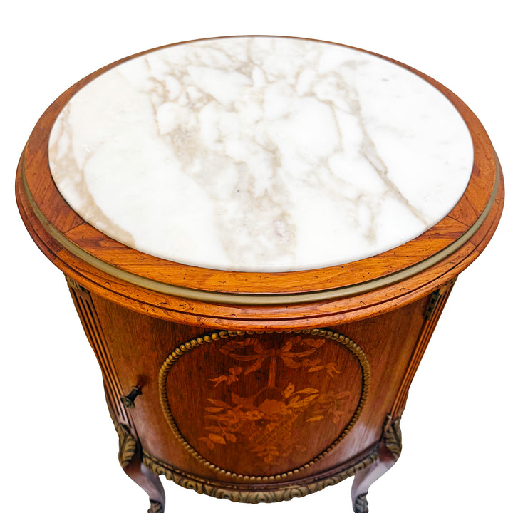 Mid-Century Louis XVI Style Round Gueridon Commode Tables With Carrara Marble & Floral Marquetry